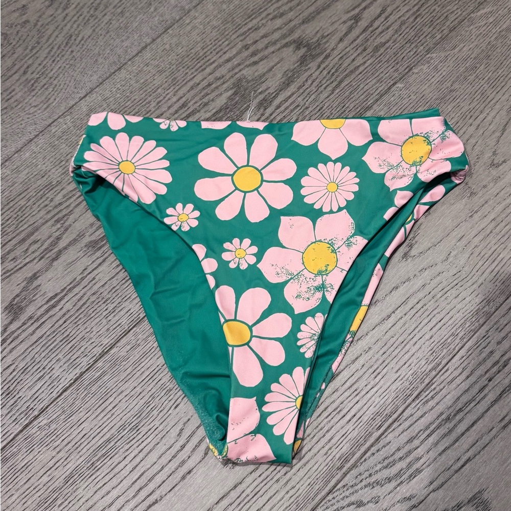 Green Floral Bikini Bottoms with Pink Daisies